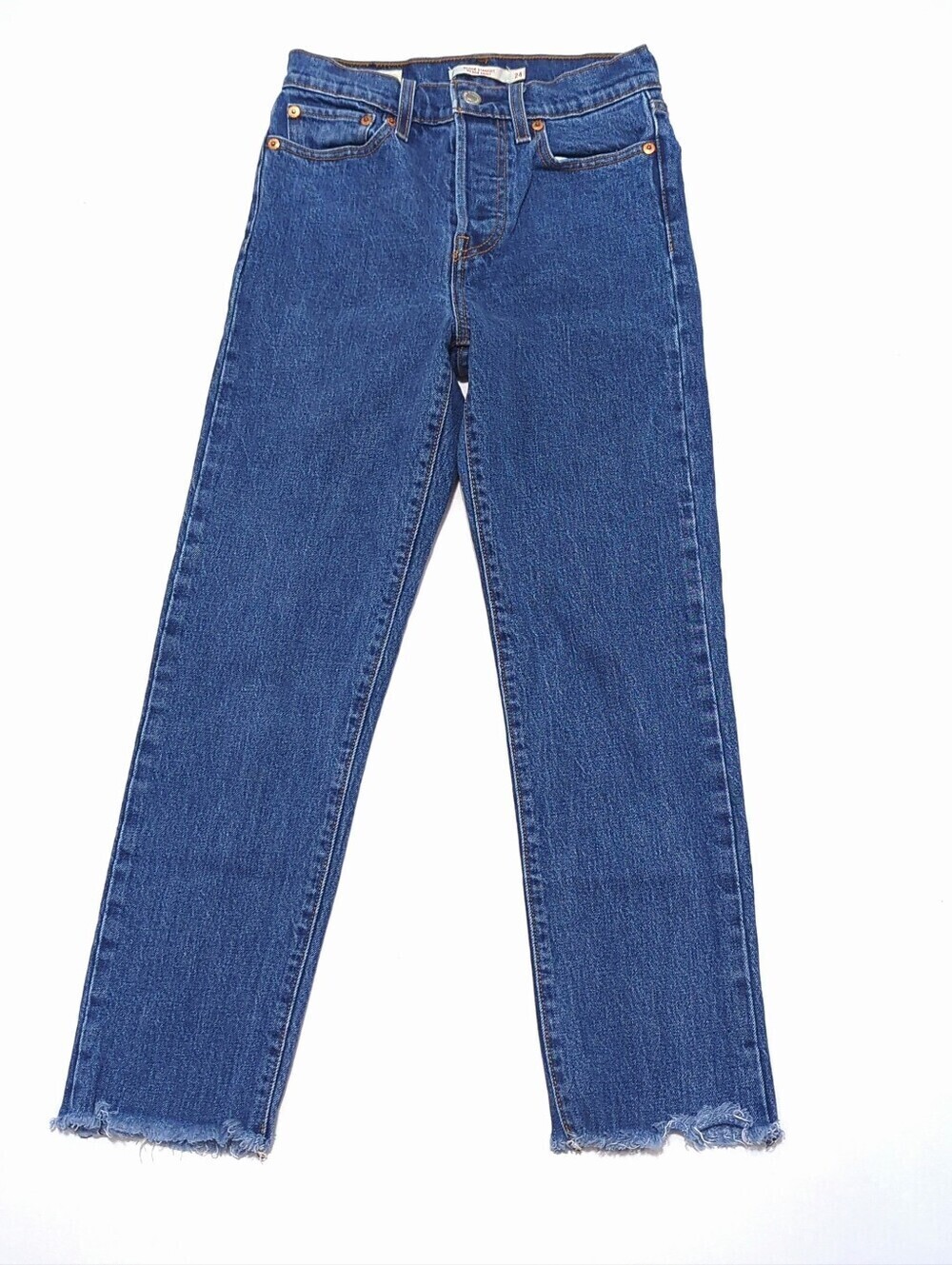 Levi’s Wedgie Straight High Rise Jeans 24 Medium Wash Raw Fray Hem 90s Denim - Picture 2 of 8